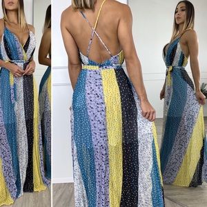 Boho Plunge Neckline Crossback Blue Maxi Dress 👗